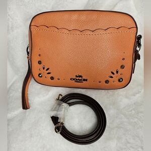 Authentic Coach Beige Orange Camera Crossbody Bag With Strap
